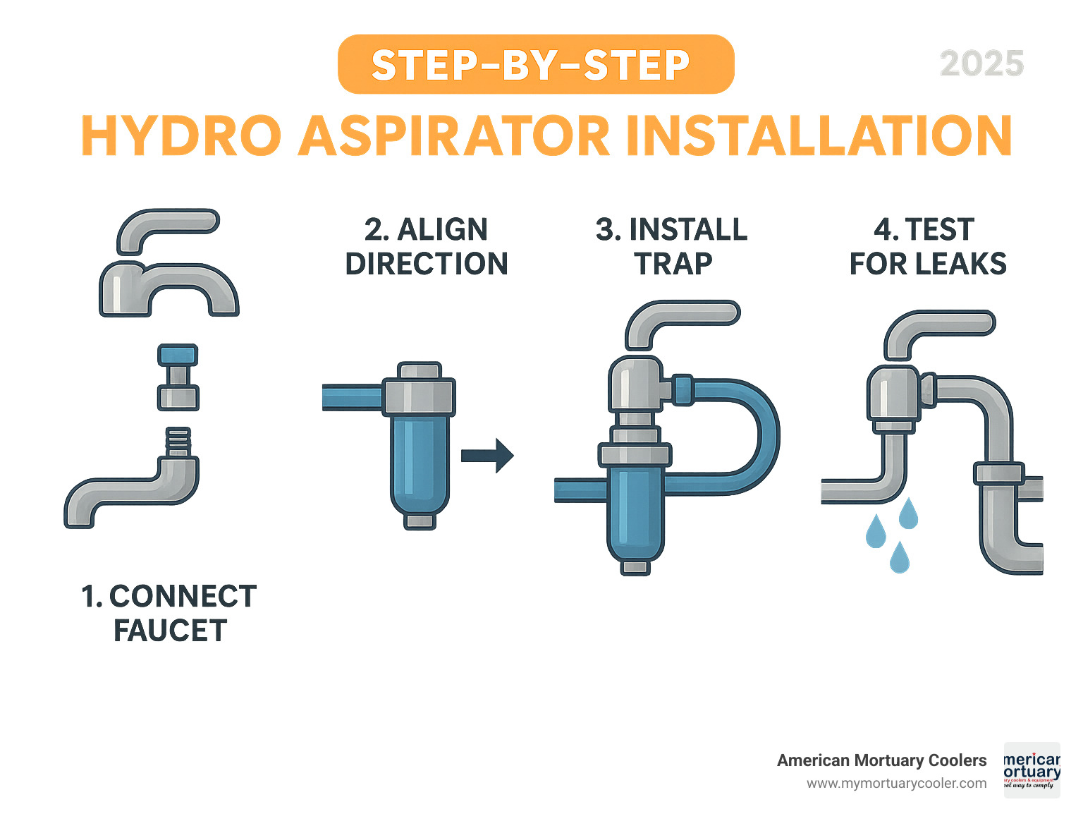 Step-by-step installation sequence showing faucet connection, flow direction alignment, trap installation, and final testing procedures - hydro aspirator- infographic 