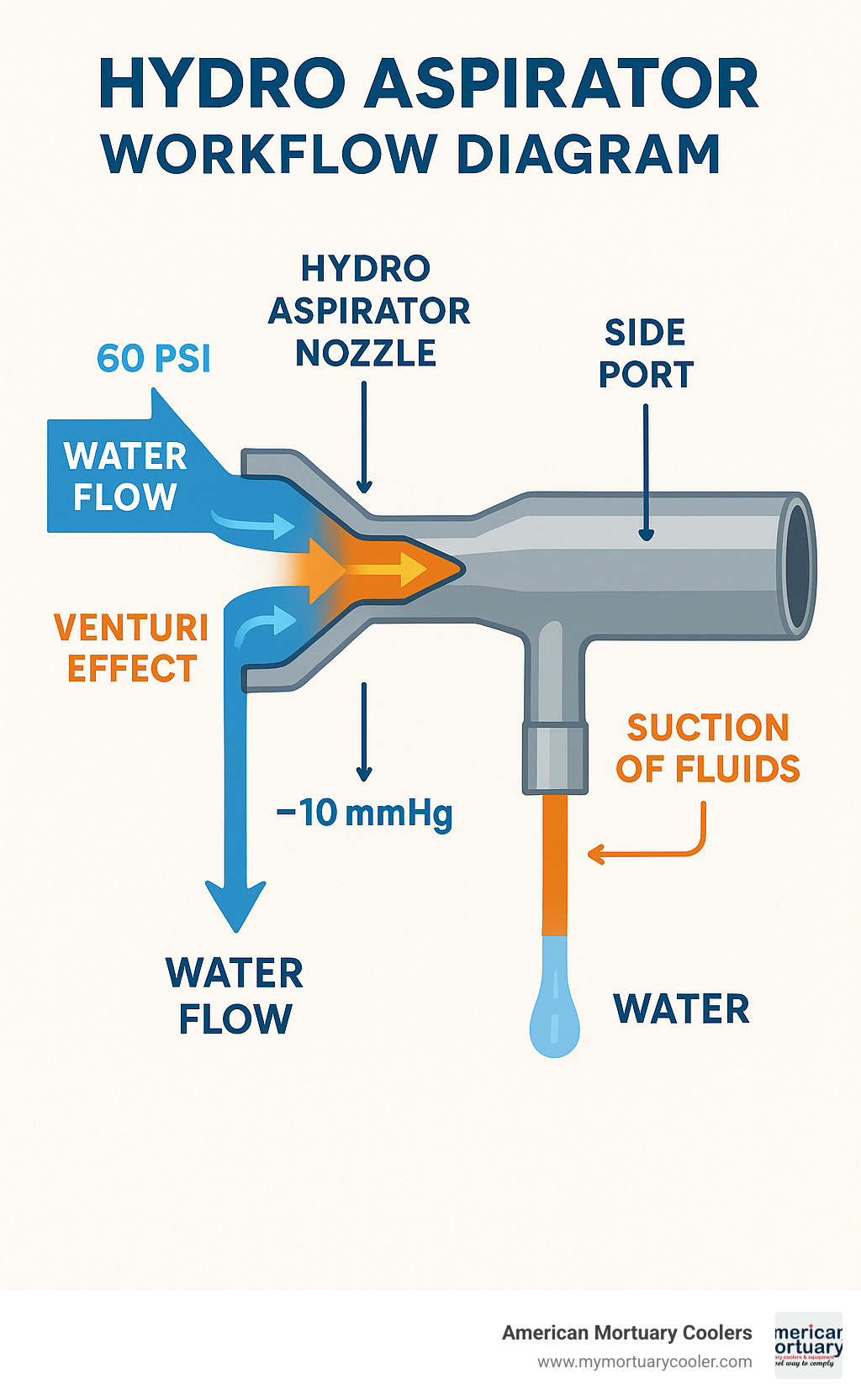 Detailed workflow diagram showing water flow through hydro aspirator nozzle, vacuum creation via Venturi effect, and suction of fluids through side port, with pressure measurements and component labels - hydro aspirator- infographic 