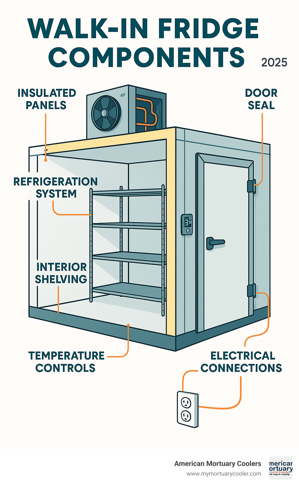 Detailed cross-section diagram showing walk-in fridge components including insulated panels, refrigeration system, door seals, interior shelving, temperature controls, and electrical connections with labels for each major component - walk-in fridge infographic 