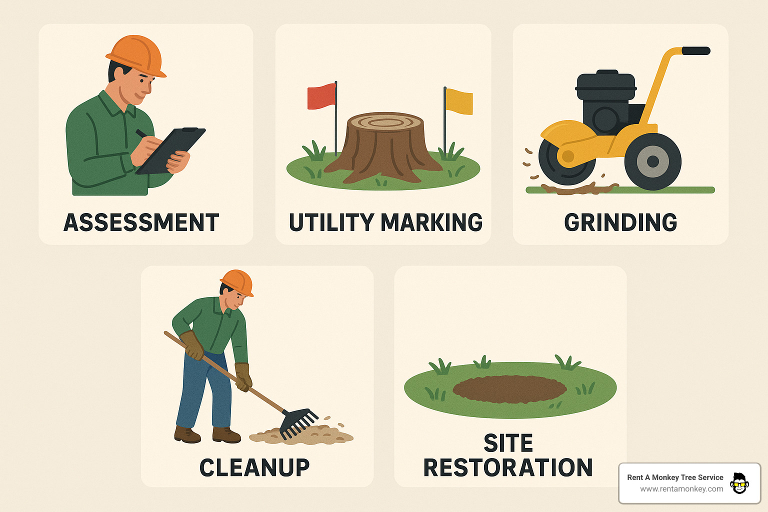 Comprehensive stump grinding process timeline showing initial assessment, utility marking, grinding operation, cleanup, and final site restoration with typical timeframes for each step - stump grinding infographic 