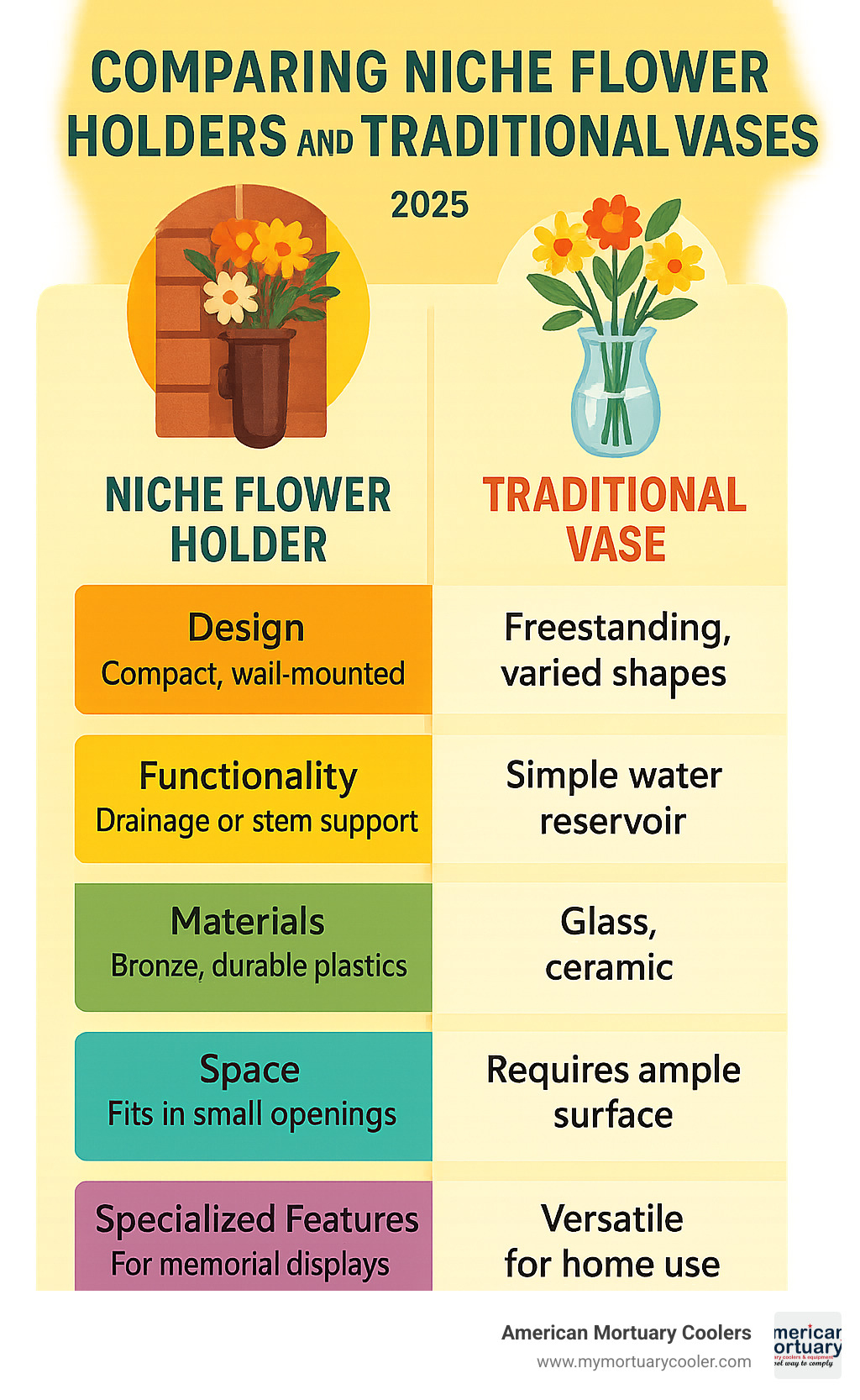 Comprehensive comparison chart showing niche flower holders versus traditional vases, highlighting key differences in design, functionality, materials, space requirements, and specialized features for memorial and compact display applications - niche flower holders infographic 