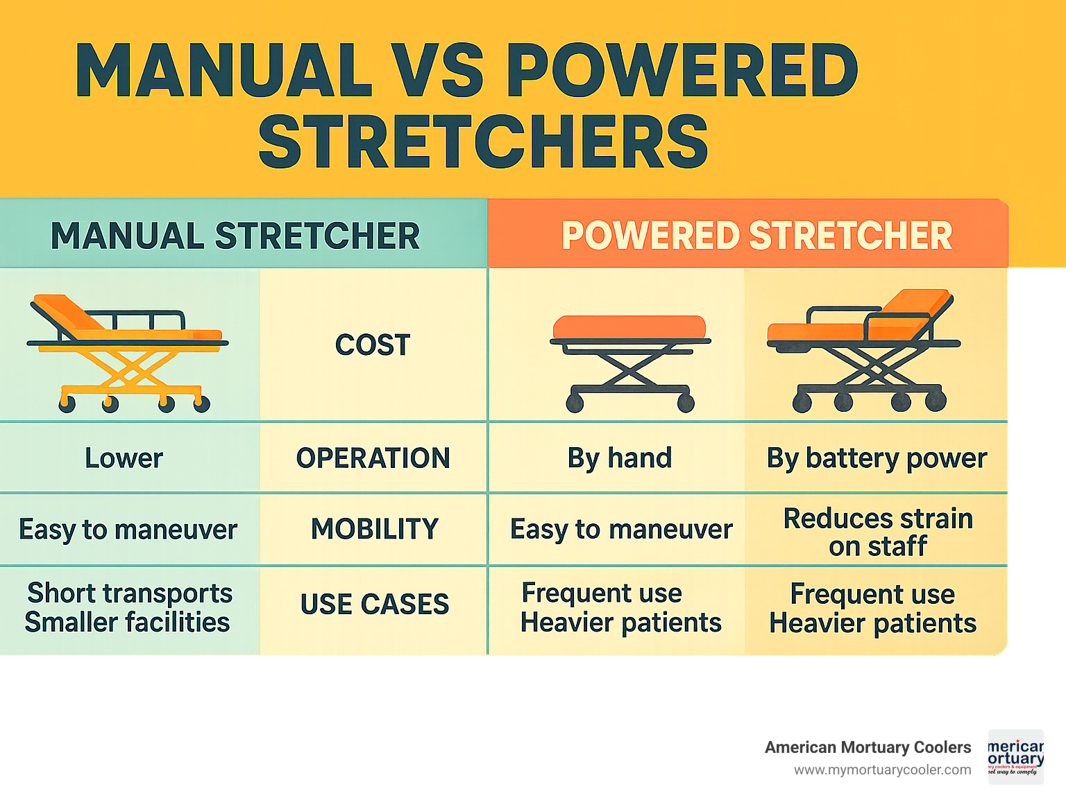 Comparison table showing manual stretchers versus powered alternatives - manual stretcher infographic 