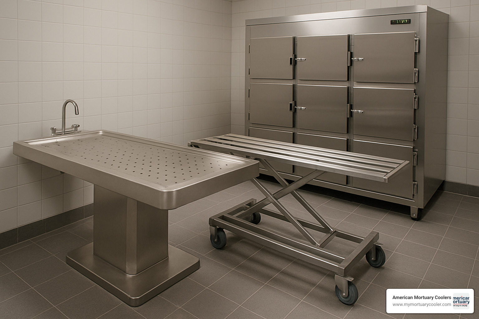 autopsy table with transfer trolley next to mortuary freezer - mortuary-freezer-