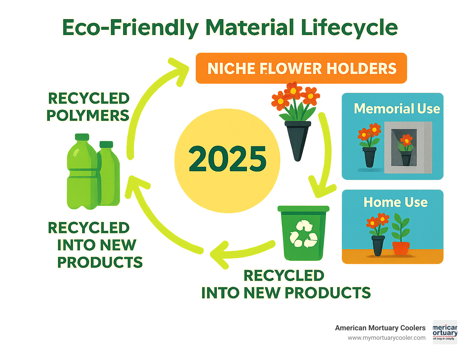 Eco-friendly material lifecycle diagram showing how recycled polymers are processed into niche flower holders, used in memorial and home applications, then recycled again into new products, creating a sustainable circular economy for specialized floral display solutions - niche flower holders infographic 