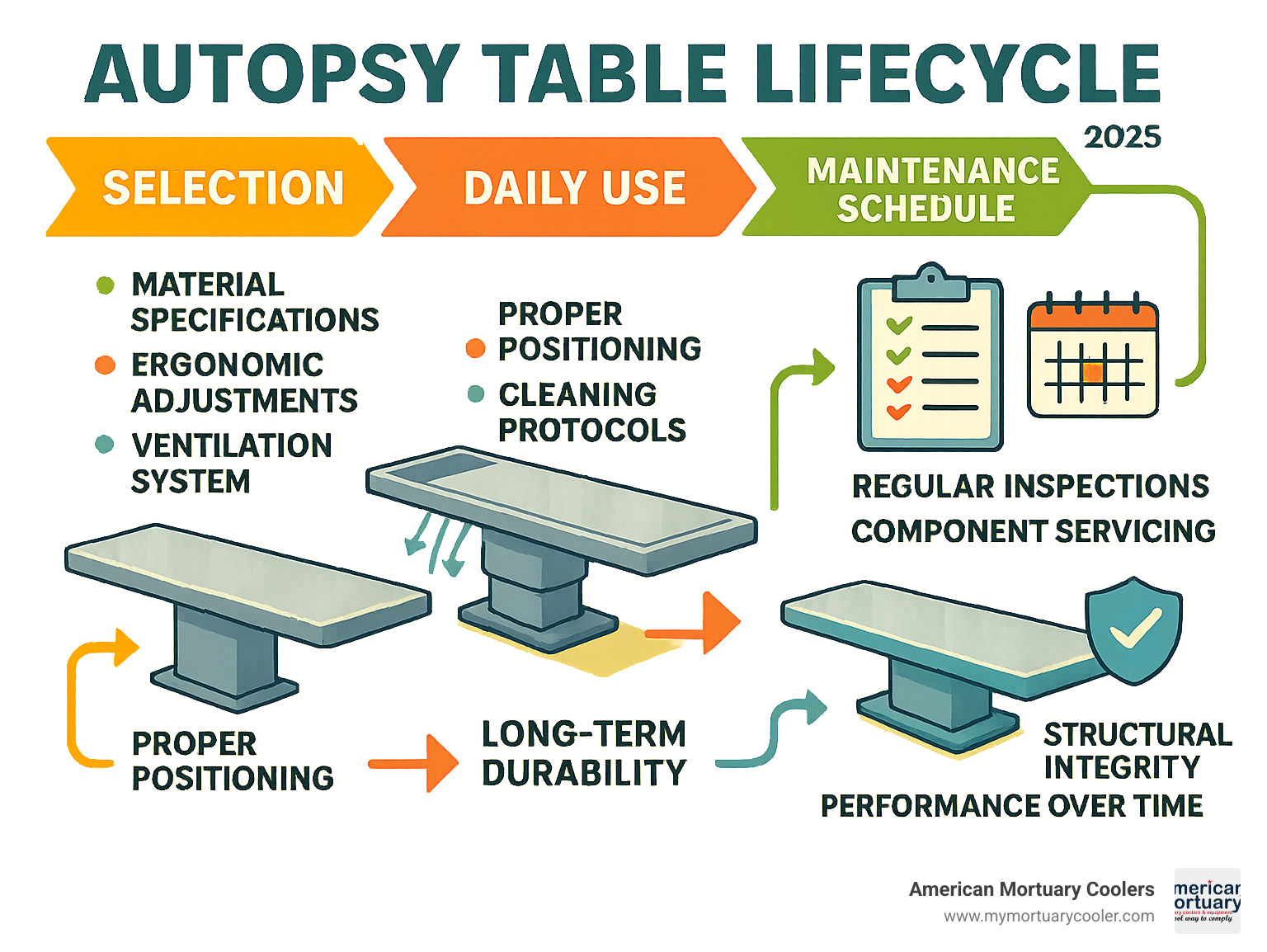 Comprehensive infographic showing autopsy table lifecycle from selection criteria through daily use, maintenance schedules, and long-term durability, featuring material specifications, ergonomic adjustments, ventilation systems, and cleaning protocols - autopsy-table- infographic 