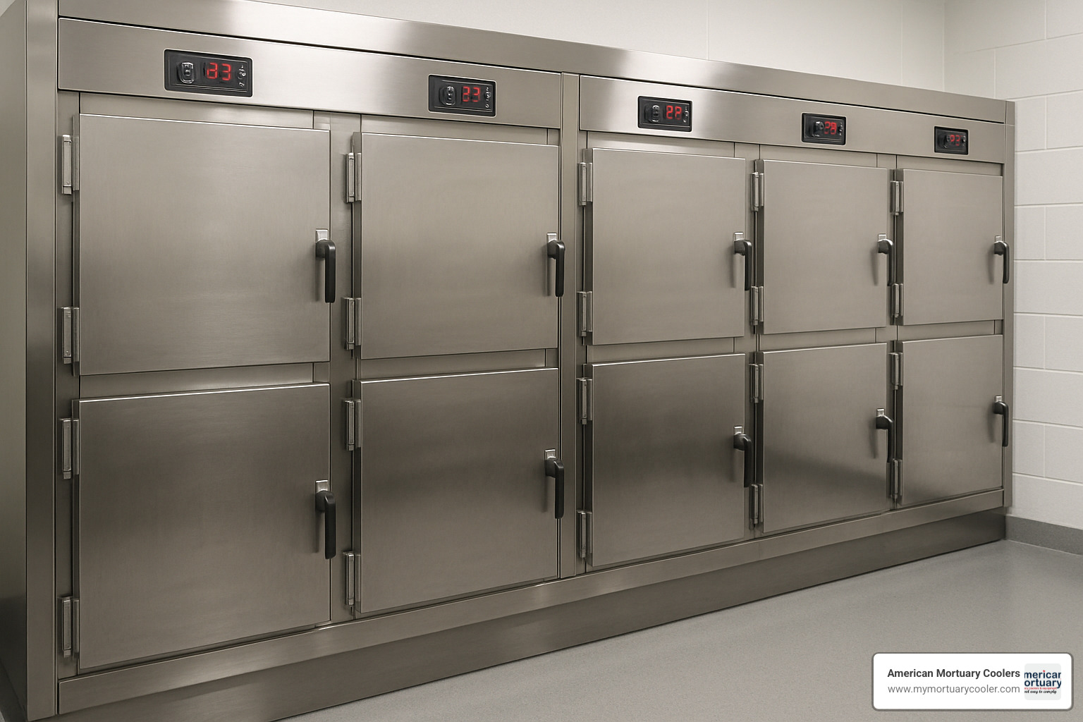 multi-bay mortuary freezer cabinet showing individual chamber doors and control systems - mortuary-freezer
