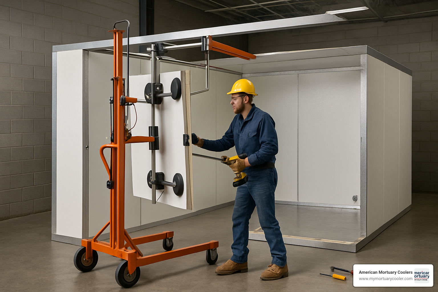 Technician installing walk-in cooler panels - 8x15 walk in cooler