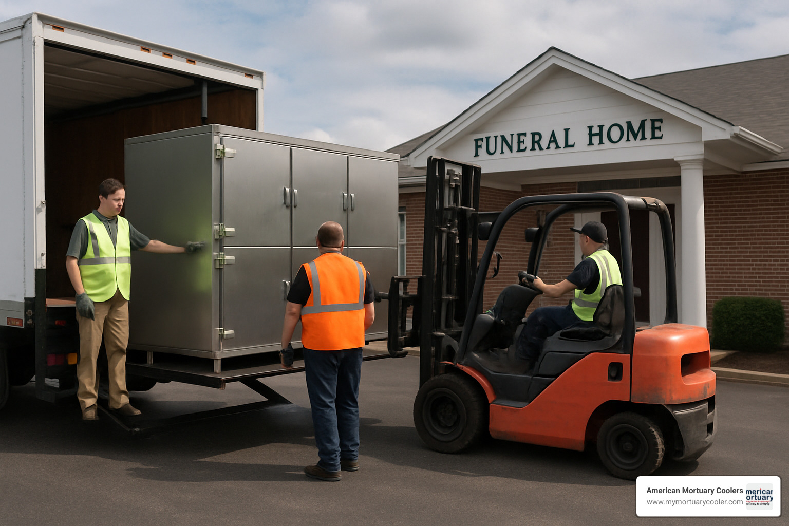 Funeral home cooler being delivered on lift-gate truck with forklift assistance - funeral-home-cooler-