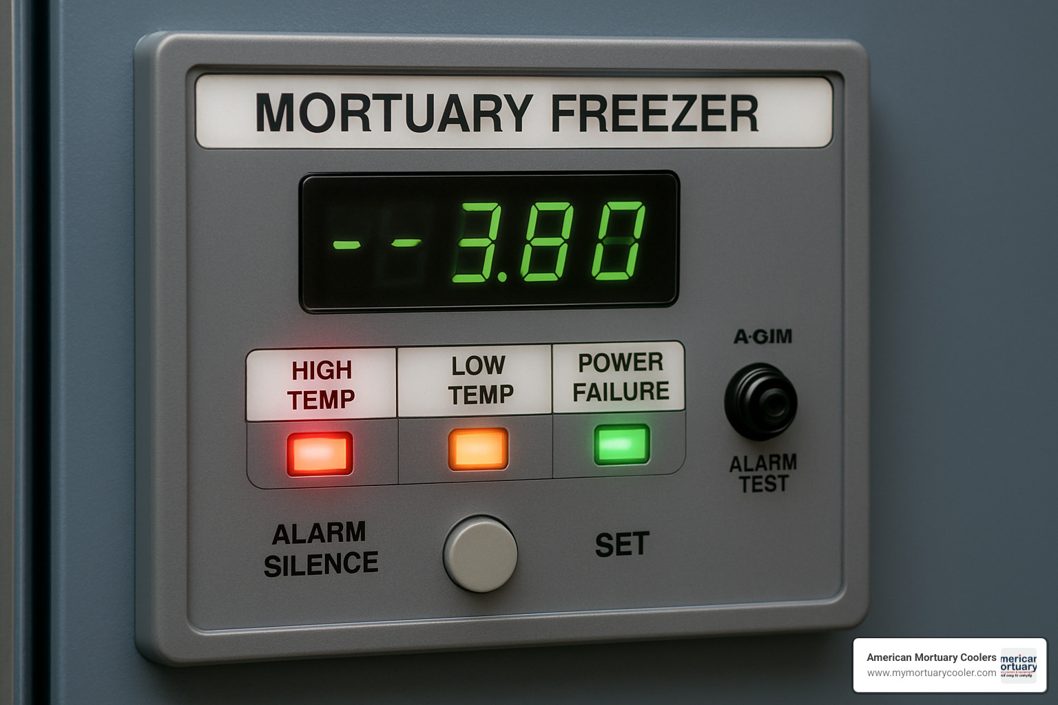 modern mortuary freezer control panel with digital display and alarm indicators - mortuary-freezer