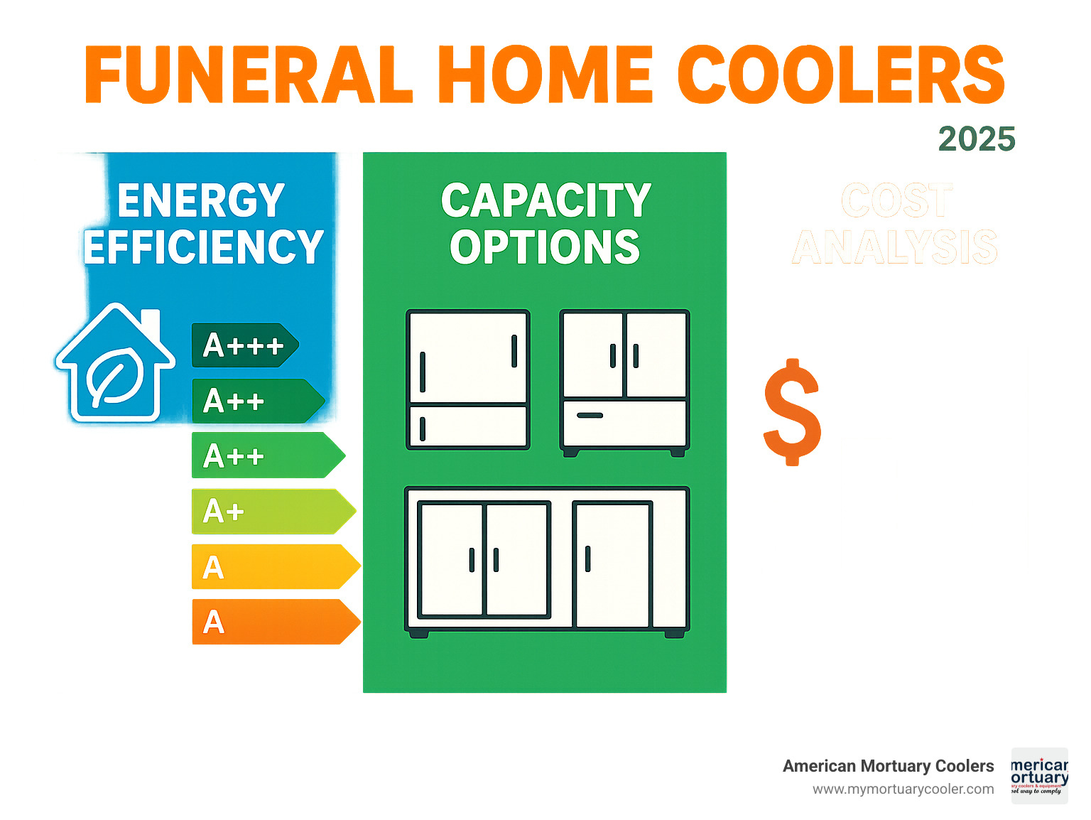 Statistical comparison showing energy efficiency ratings, capacity options, and cost analysis for different funeral home cooler configurations - funeral-home-cooler- infographic 
