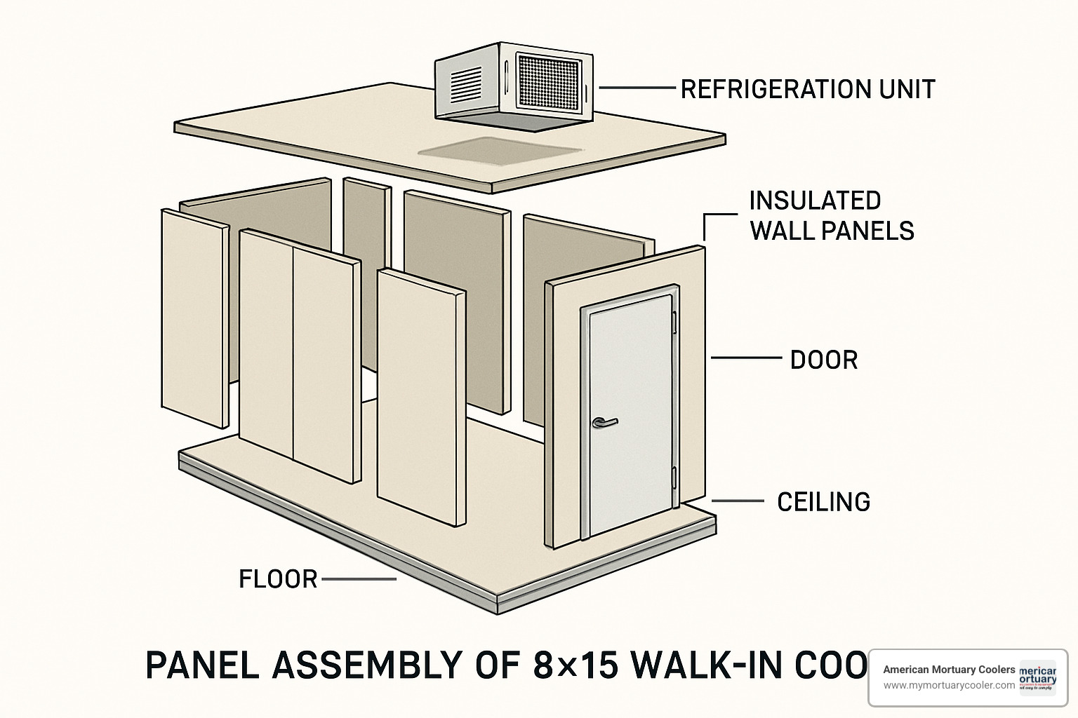 Exploded view diagram showing 8x15 walk-in cooler panel assembly - 8x15 walk in cooler