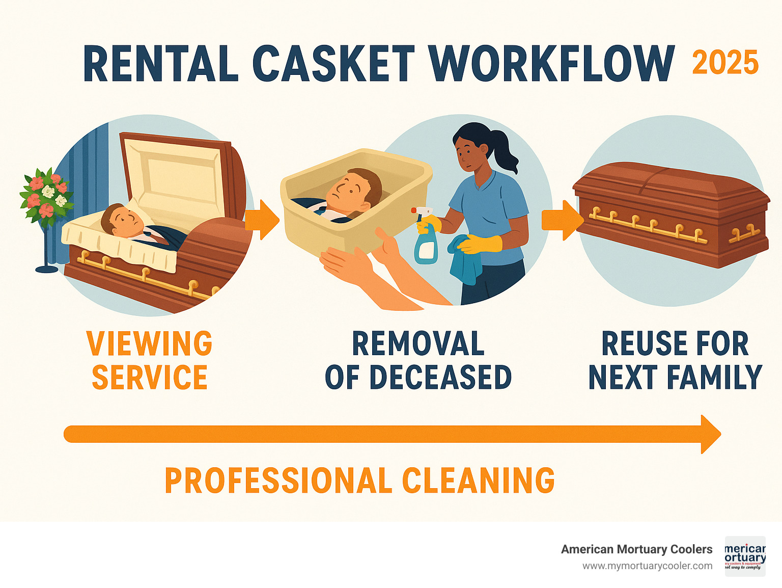 Infographic showing rental casket workflow: viewing service with rented ornate casket, removal of deceased in insert, professional cleaning of outer shell, and reuse for next family - how much does it cost to rent a casket infographic 