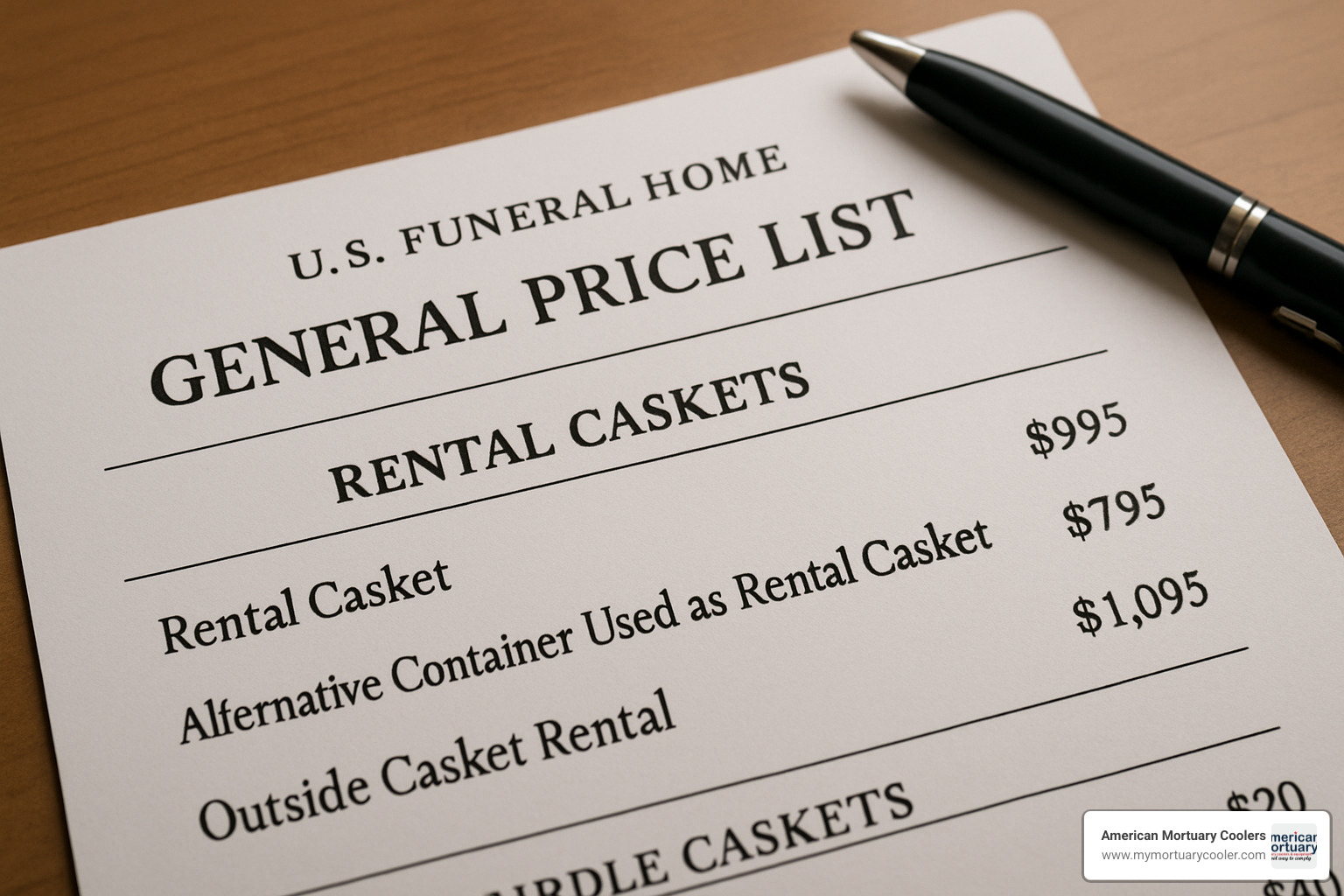 sample GPL document showing rental casket pricing - how much does it cost to rent a casket