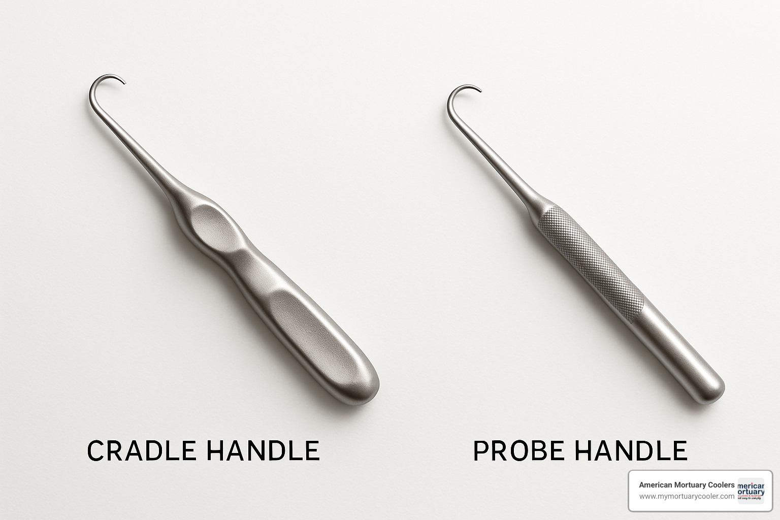 Detailed comparison of cradle handle versus probe handle aneurysm hooks, showing ergonomic differences and grip styles - aneurysm hook embalming Detailed comparison of cradle handle versus probe handle aneurysm hooks, showing ergonomic differences and grip styles - aneurysm hook embalming