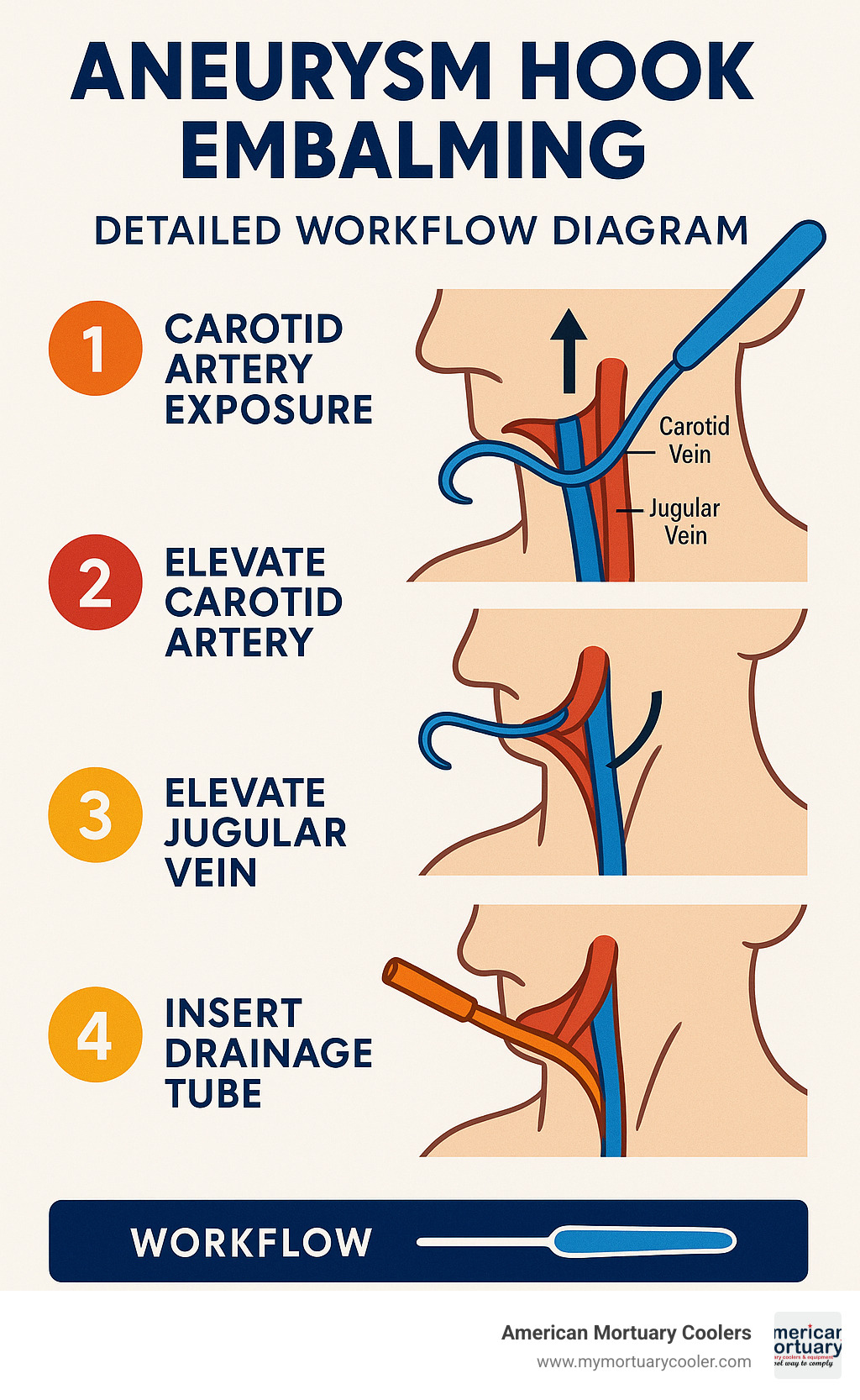 Detailed workflow diagram showing aneurysm hook positioning during carotid artery exposure, vessel elevation steps, and proper drainage tube insertion sequence for optimal embalming results - aneurysm hook embalming infographic  Detailed workflow diagram showing aneurysm hook positioning during carotid artery exposure, vessel elevation steps, and proper drainage tube insertion sequence for optimal embalming results - aneurysm hook embalming infographic