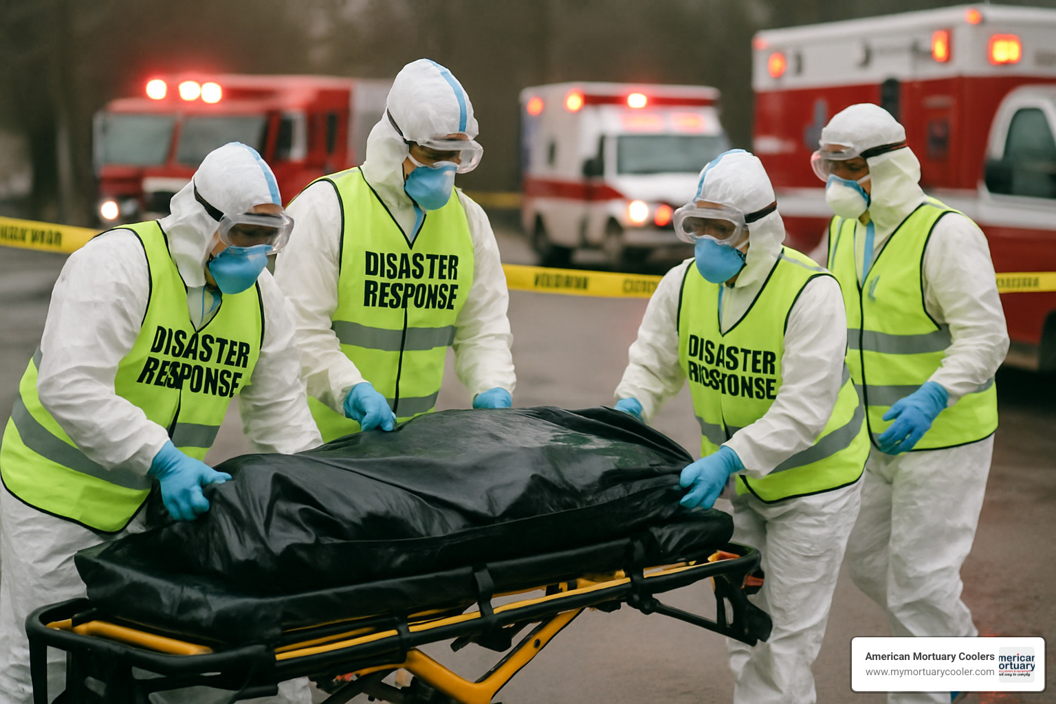 Disaster response team using body bags at emergency scene - body-bag-
