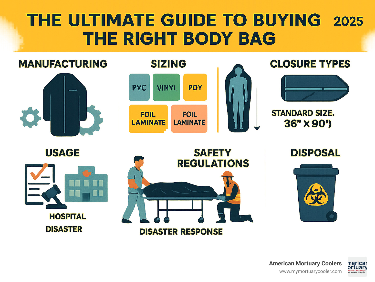 Comprehensive infographic showing body bag lifecycle from manufacturing through materials selection, sizing options, closure types, usage contexts including hospitals and disaster response, safety regulations, and proper disposal methods - body-bag- infographic 
