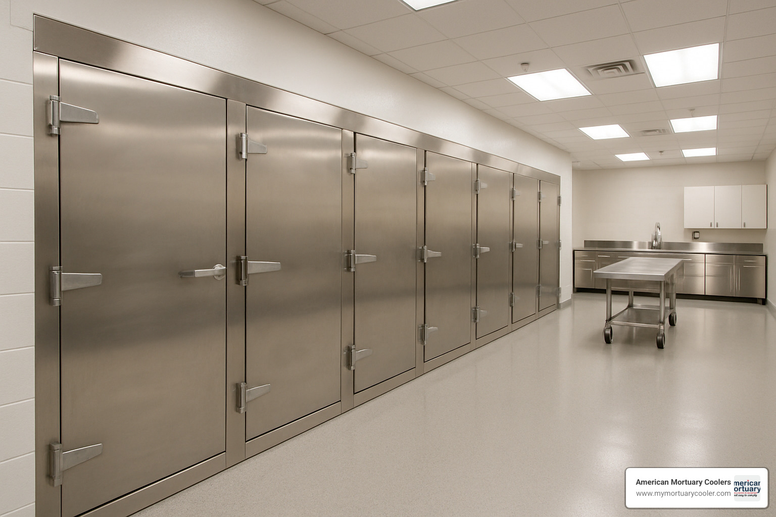 row of walk-in coolers in a modern mortuary facility - body-fridge-