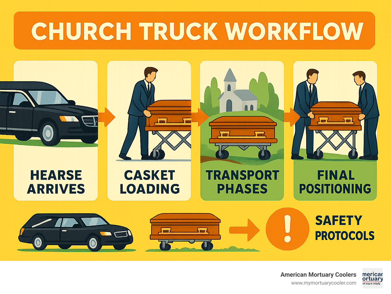 Detailed infographic showing church truck workflow from hearse arrival through graveside service, including casket loading, transport phases, terrain navigation, and final positioning with safety protocols - church-truck- infographic 