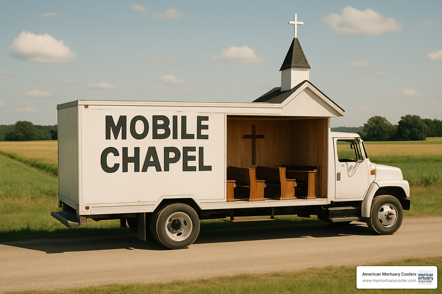 mobile chapel on rural road - church-truck-