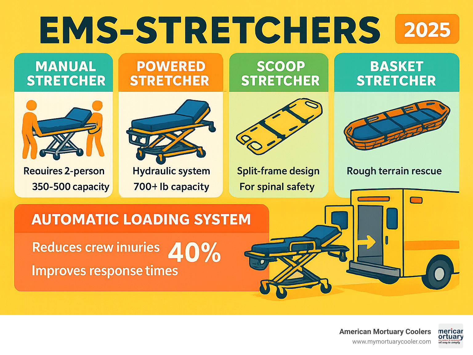 Comprehensive comparison chart showing manual stretchers with 2-person lift requirements and 350-500 lb capacity, powered stretchers with hydraulic systems and 700+ lb capacity, scoop stretchers with split-frame design for spinal safety, basket stretchers for rough terrain rescue, and automatic loading systems that reduce crew injuries by 40% while improving response times - ems-stretcher infographic 