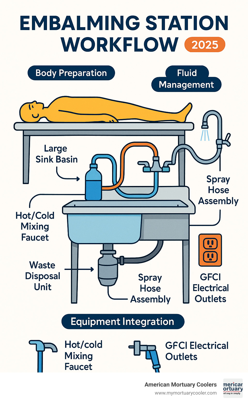 Comprehensive infographic showing embalming station workflow from body preparation through fluid management, waste disposal, and equipment integration in a modern prep room setup - embalming stations- infographic 
