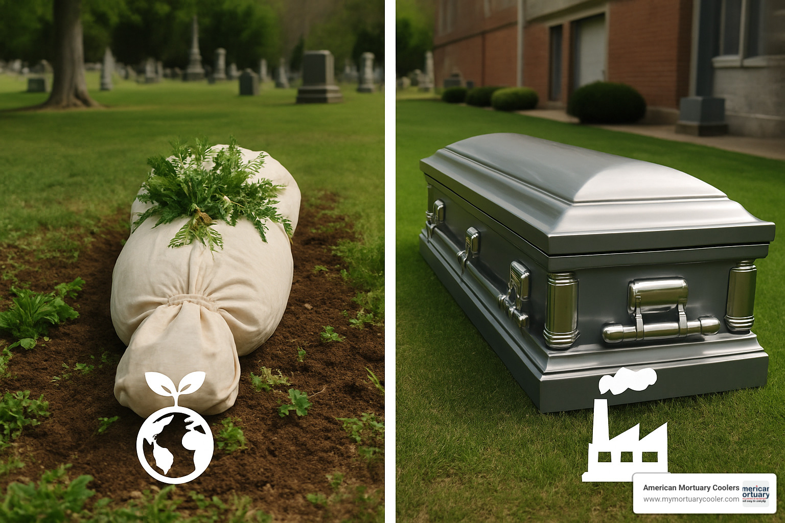 Comparison of biodegradable burial shroud next to traditional steel casket showing environmental impact differences - American-funeral