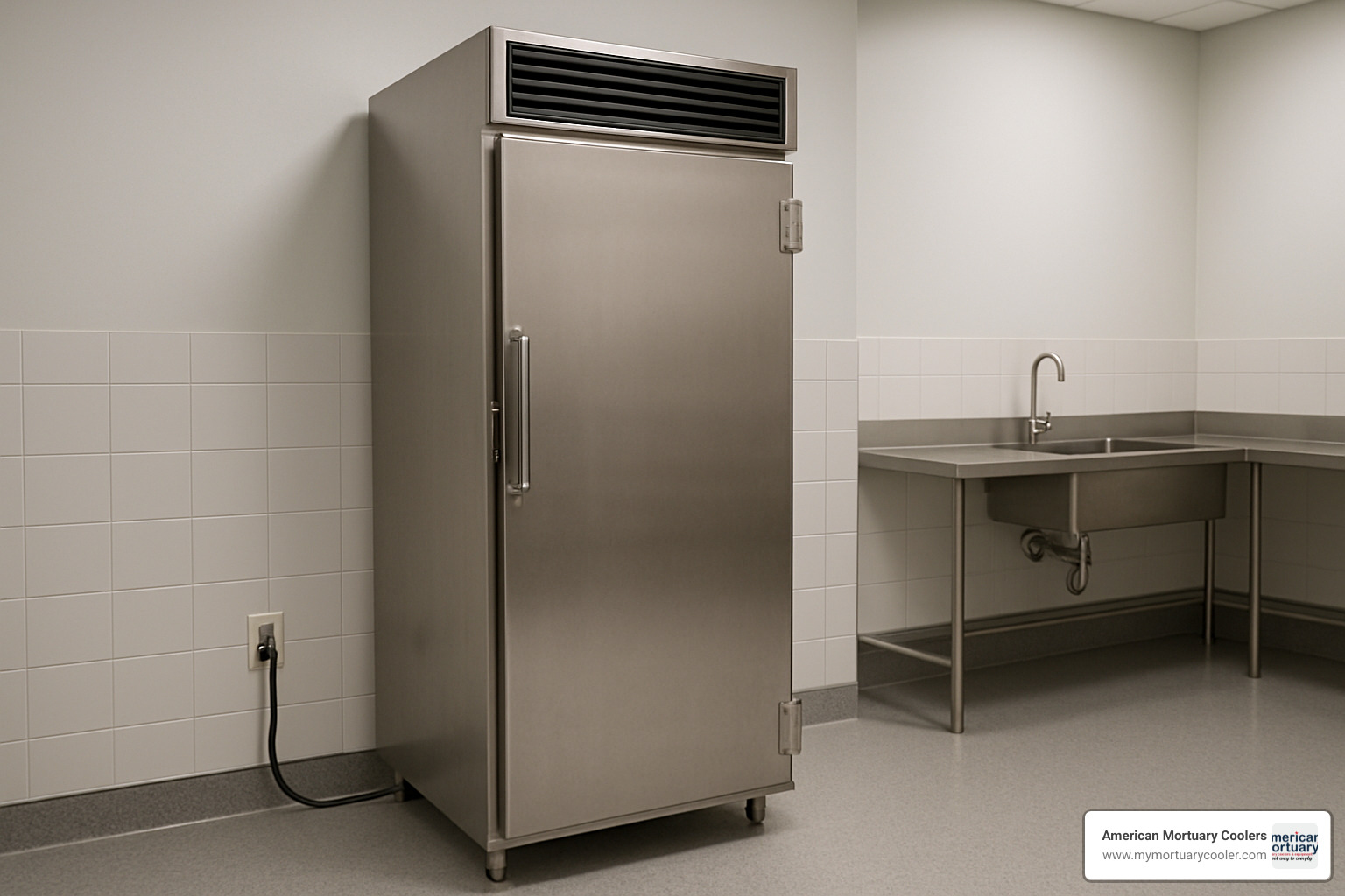 upright mortuary cooler installation in prep room showing electrical connection and ventilation clearance - upright-mortuary-cooler