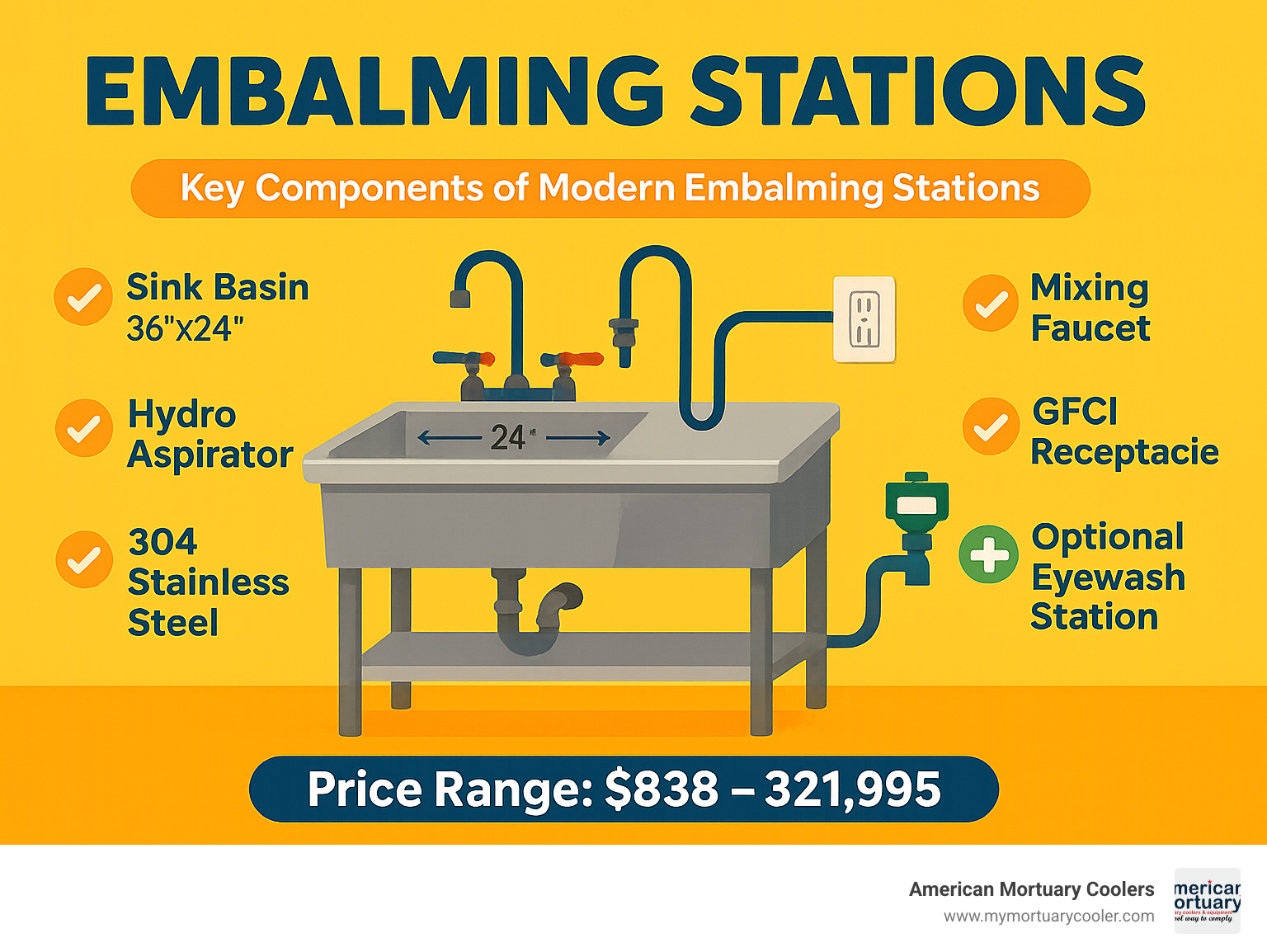 Detailed breakdown of embalming station components including sink basin dimensions, aspirator specifications, electrical requirements, plumbing connections, and safety features with price ranges for different configurations - embalming stations infographic 
