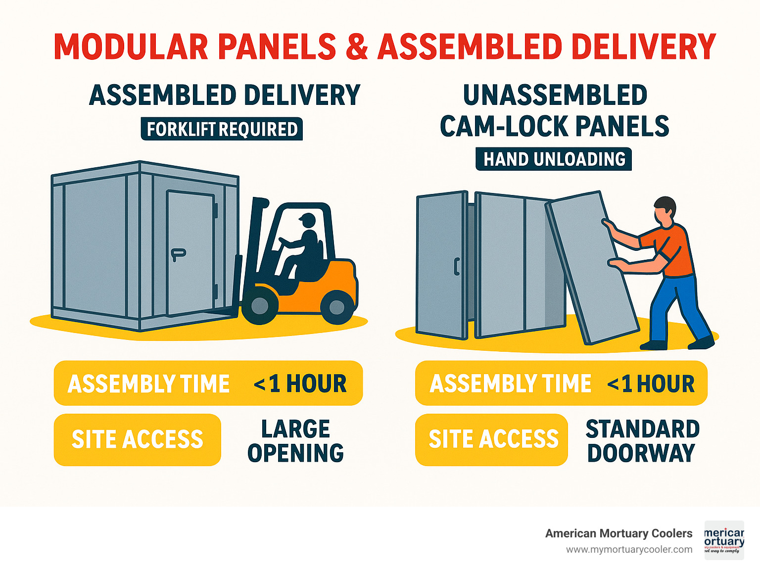 Infographic showing assembled delivery requiring forklift versus unassembled cam-lock panels for hand unloading with assembly time comparisons and site access requirements - upright-mortuary-cooler infographic 