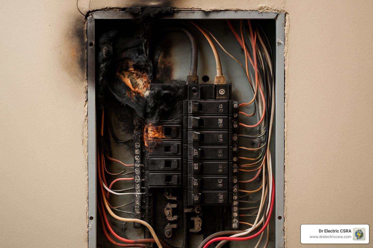Burnt electrical panel with damaged circuit breakers and charred wires, illustrating serious electrical hazards related to power outages and safety risks.
