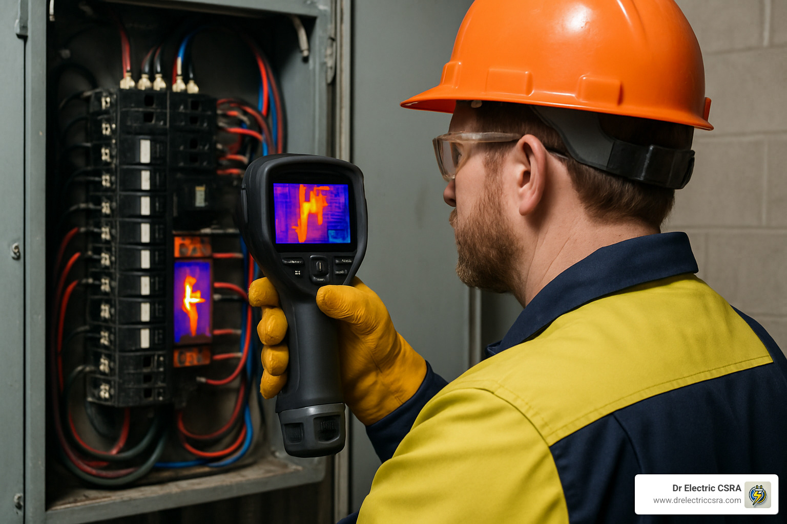 Electrician using thermal imaging camera to inspect electrical panel for hotspots and potential hazards, highlighting the importance of predictive maintenance in electrical systems.