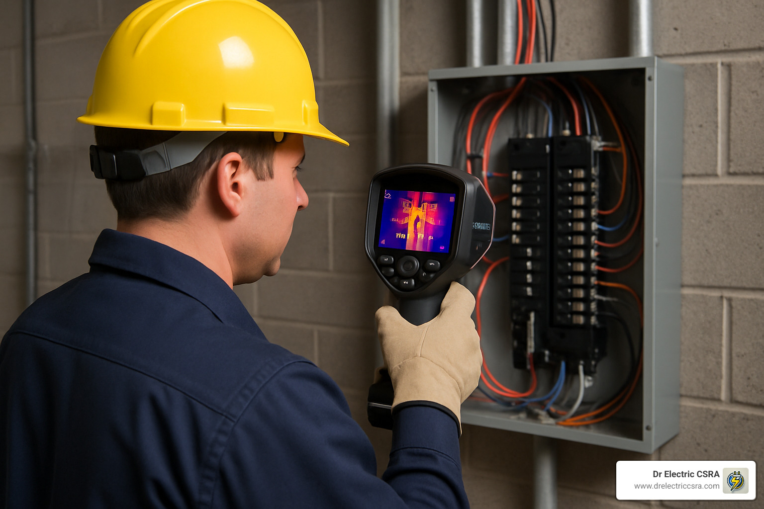 Electrician using thermal imaging camera to inspect electrical panel, ensuring safety and compliance for 24-hour emergency electrical service.