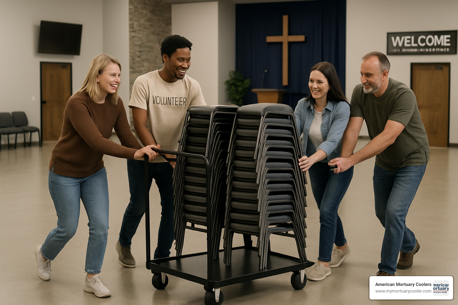 Chair cart loaded with folding chairs being moved by volunteers across a church fellowship hall - church carts