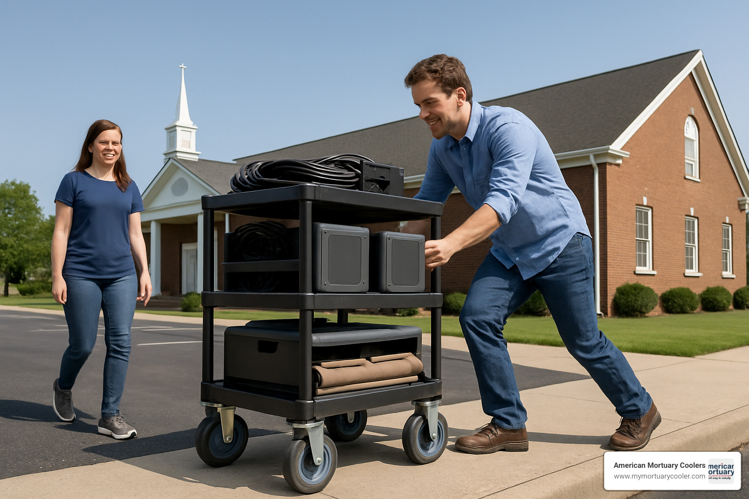 Church cart with large casters rolling smoothly over a curb transition from parking lot to sidewalk - church carts
