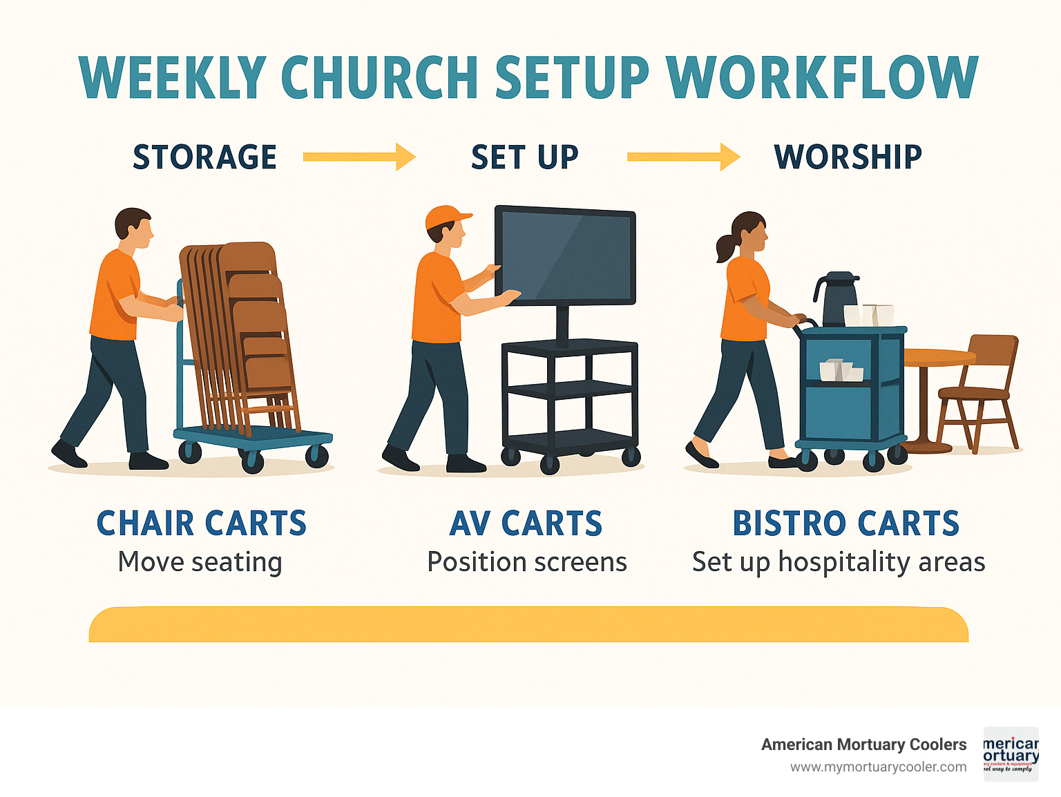 Infographic showing weekly church setup workflow with different types of church carts being used by volunteers to transform a multi-purpose space from storage to worship configuration, including chair carts moving seating, AV carts positioning screens, and bistro carts setting up hospitality areas - church carts infographic 