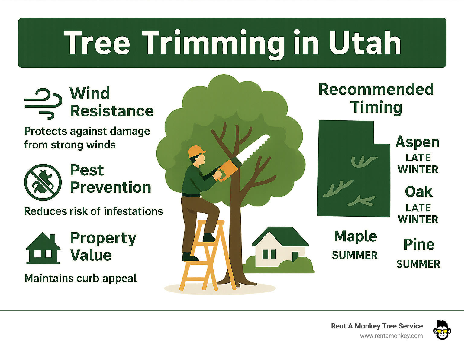 Infographic showing Utah tree trimming benefits including wind resistance, pest prevention, property value protection, and seasonal timing recommendations for different tree species in Utah's climate - tree trimming utah infographic 