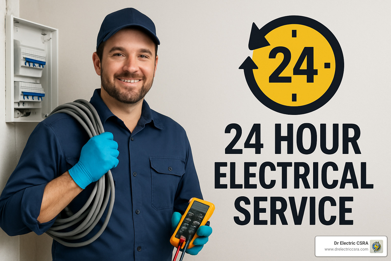 Electrician holding cables and multimeter, promoting 24-hour electrical service with visible logo of Dr. Electric CSRA.