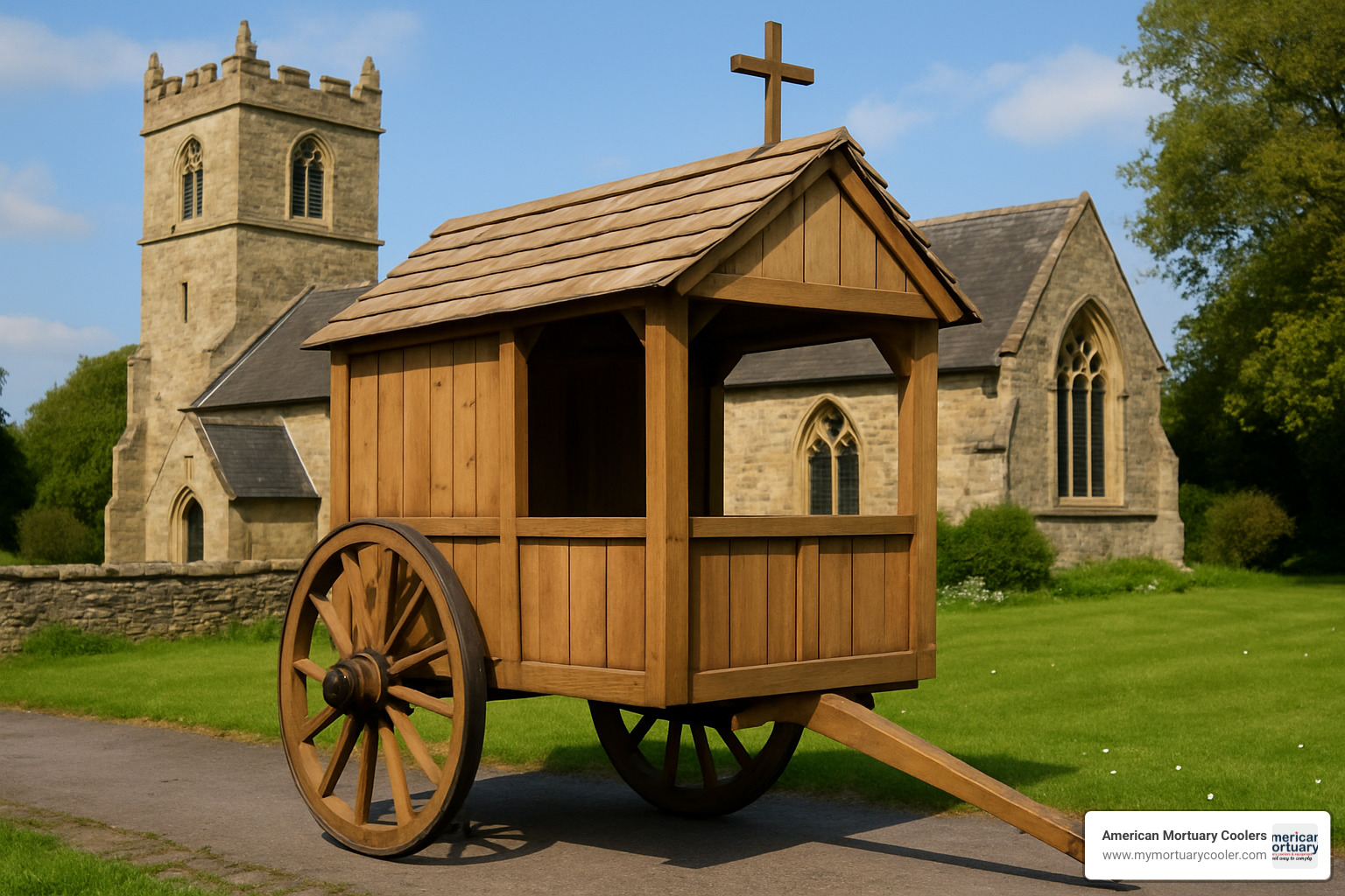 Volunteer kneeling beside a church cart, inspecting the casters and checking wheel integrity as part of routine maintenance - church carts