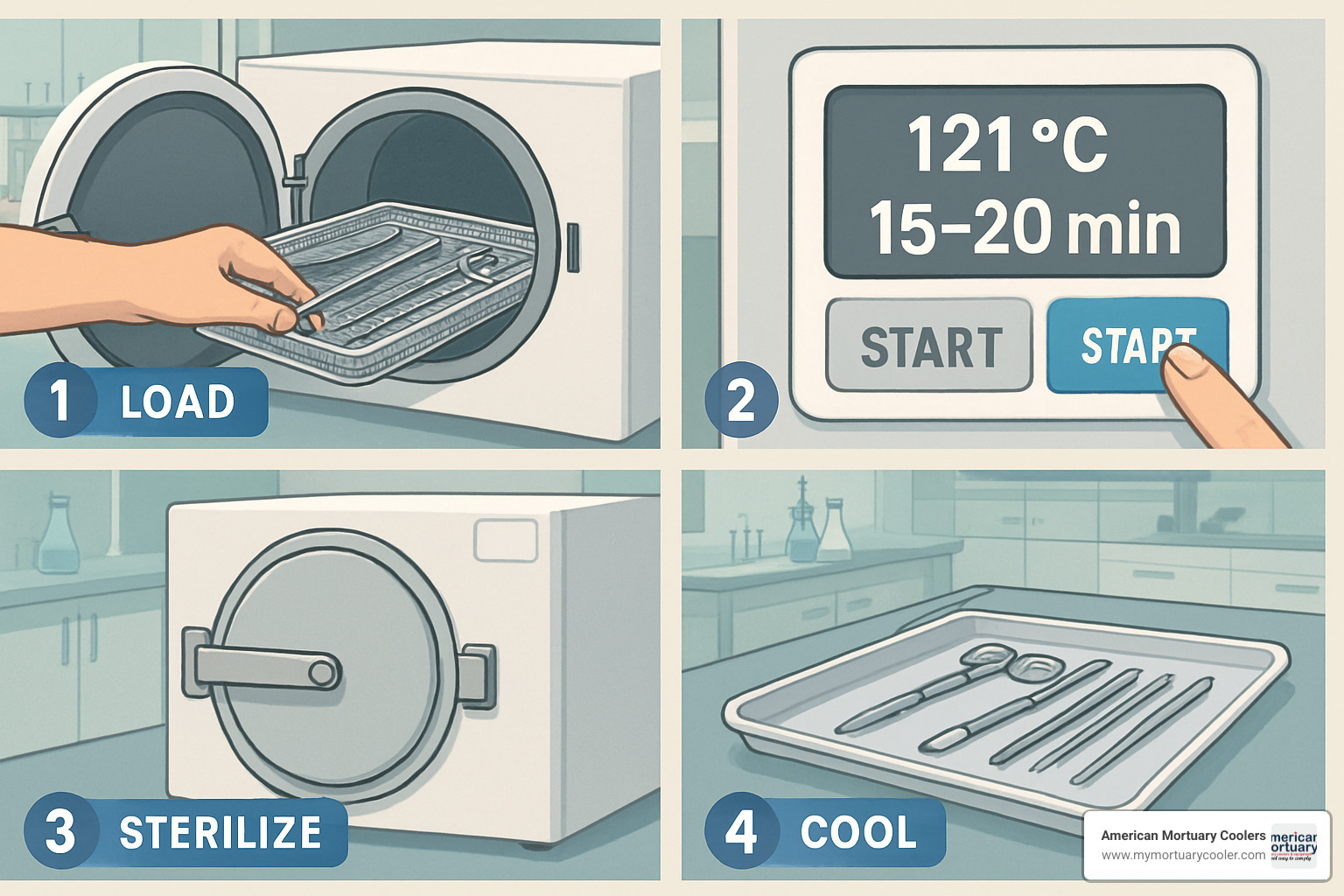 autoclave sterilization workflow showing loading, cycle parameters, and cooling procedures - dissection equipment