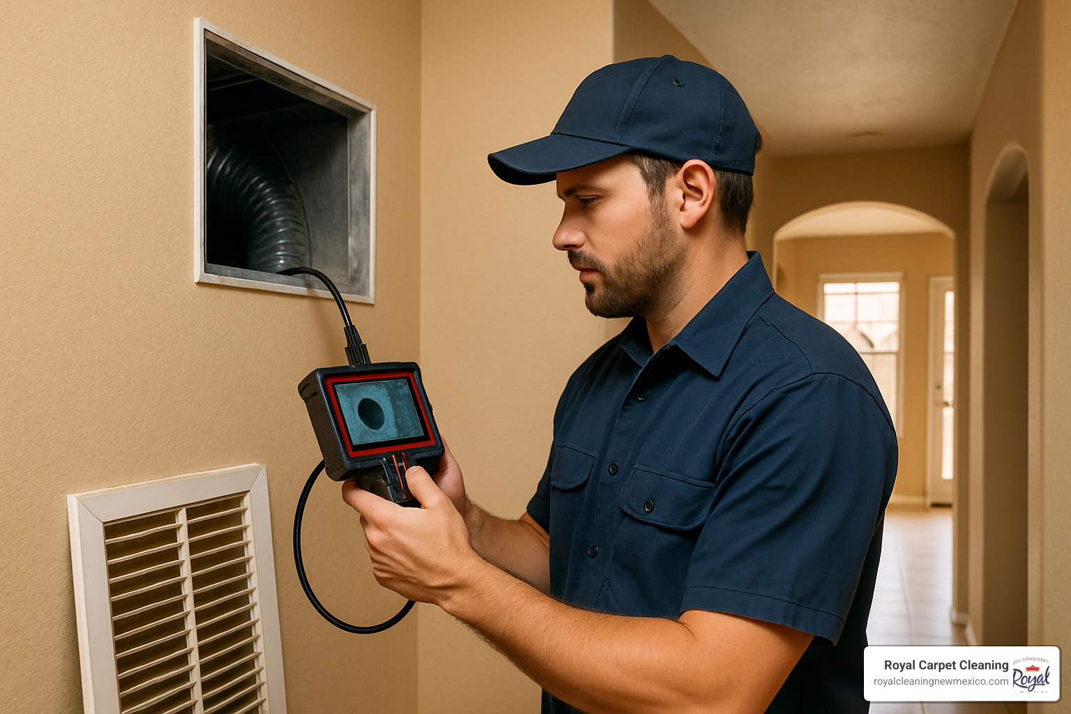 Professional technician inspecting air ducts with video camera equipment - air duct cleaning albuquerque nm