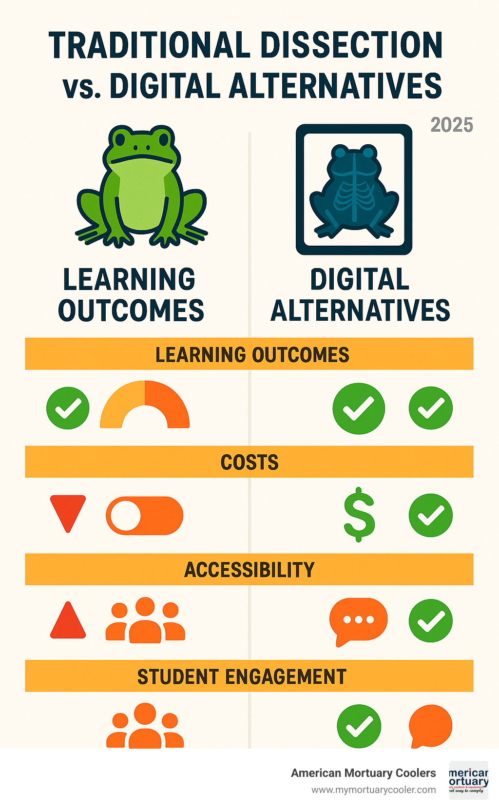 Comparison chart showing learning outcomes, costs, accessibility, and student engagement metrics for traditional dissection versus digital alternatives - dissection equipment infographic 