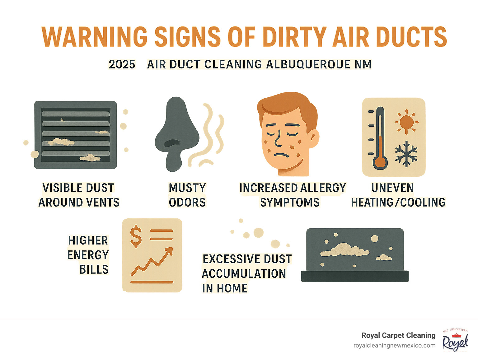 Infographic showing warning signs of dirty air ducts: visible dust around vents, musty odors, increased allergy symptoms, uneven heating/cooling, higher energy bills, and excessive dust accumulation in home - air duct cleaning albuquerque nm infographic 