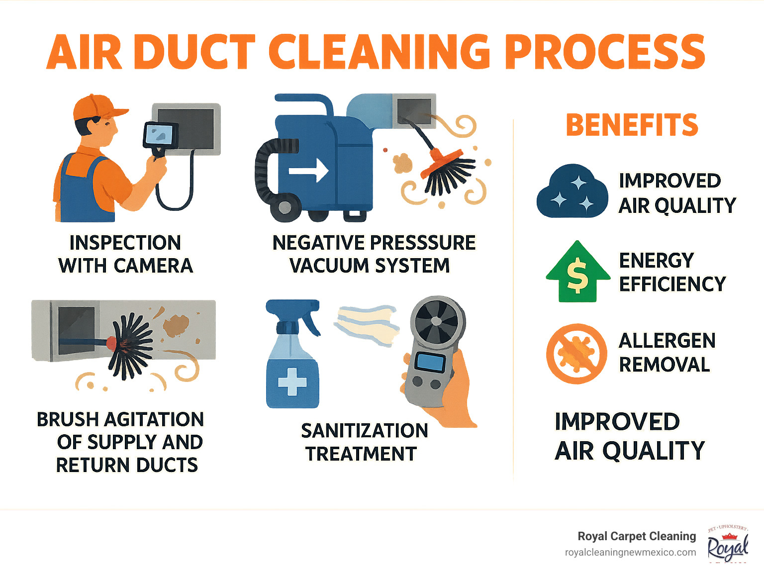 Infographic showing air duct cleaning process: inspection with camera, negative pressure vacuum system, brush agitation of supply and return ducts, sanitization treatment, and final airflow testing - highlighting improved air quality, energy efficiency, and allergen removal benefits - air duct cleaning albuquerque nm infographic 