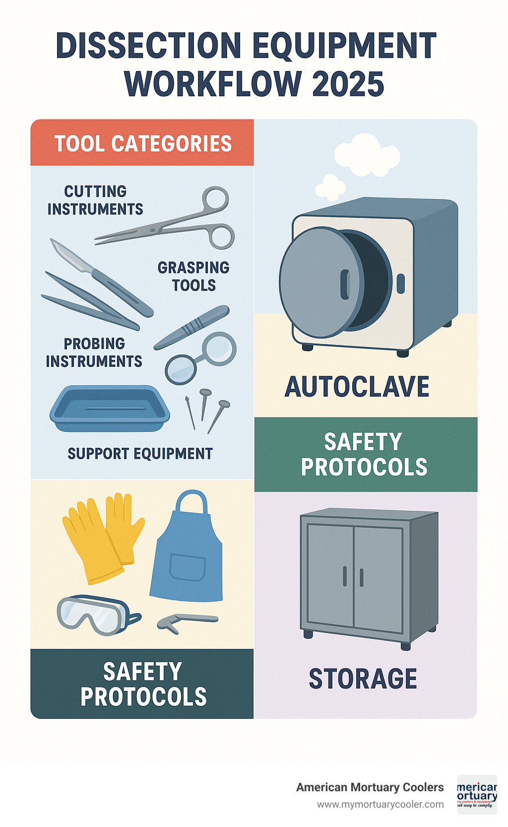 Complete dissection equipment workflow showing tool categories, sterilization process, safety protocols, and proper storage methods for educational and clinical laboratories - dissection equipment infographic 