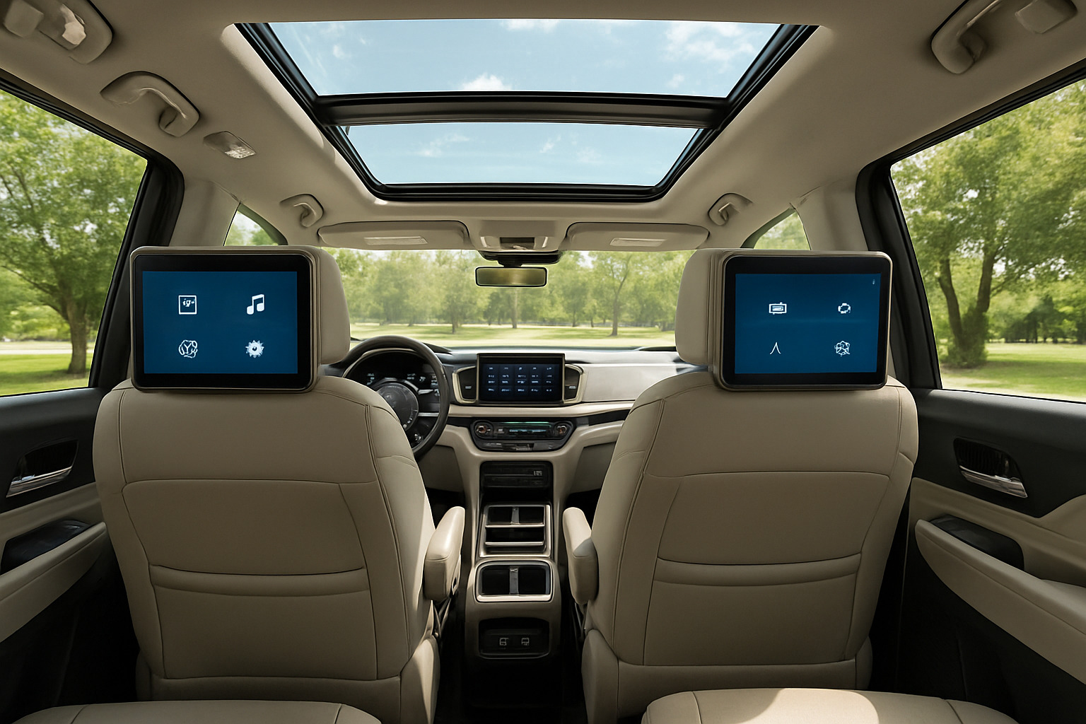 minivan interior showing tri-zone climate control, panoramic sunroof, and rear entertainment system - most comfortable minivan for long trips