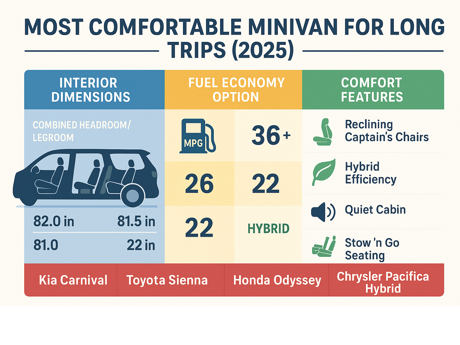 Minivan comfort comparison showing interior dimensions, fuel economy ratings, and key comfort features for top 2025 models including headroom/legroom measurements, hybrid options, and safety scores - most comfortable minivan for long trips infographic 