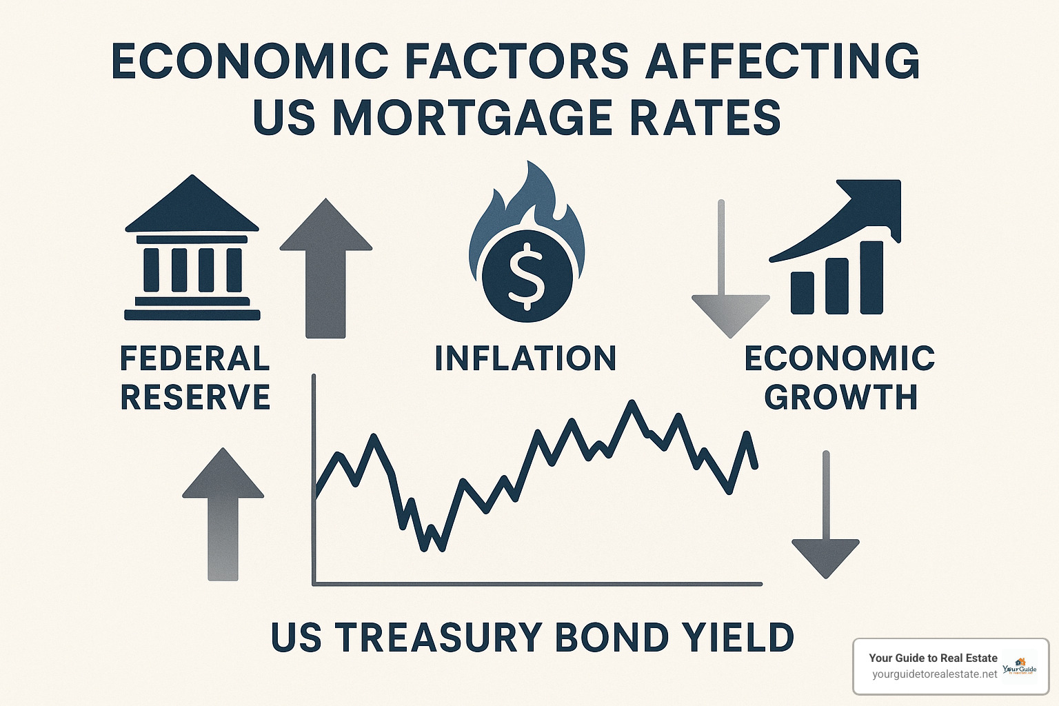 Economic factors affecting mortgage rates with arrows showing upward and downward pressure over bond yield chart - understanding mortgage rates