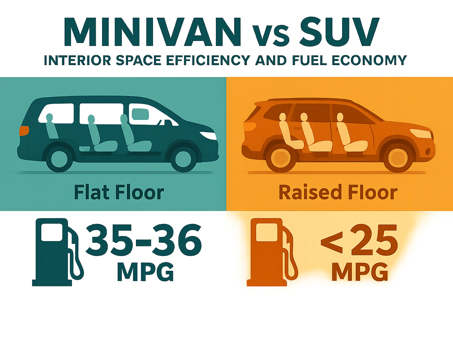 comparison chart showing minivan vs SUV interior space efficiency and fuel economy - most comfortable minivan for long trips infographic 
