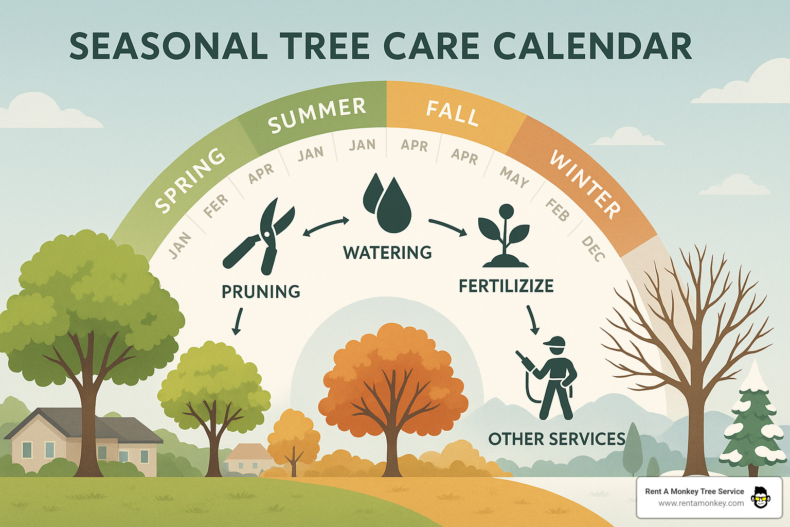 Seasonal tree care calendar showing optimal timing for different services throughout the year - tree service draper utah